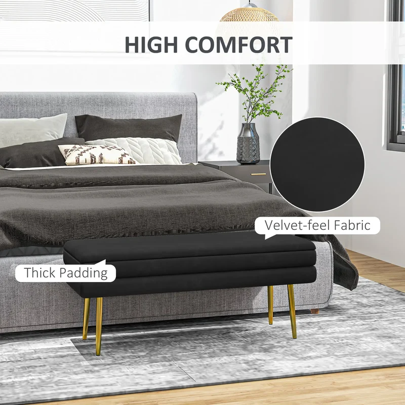 Velvet Upholstered Bench, Thick Padded Seat, Steel Legs, Black