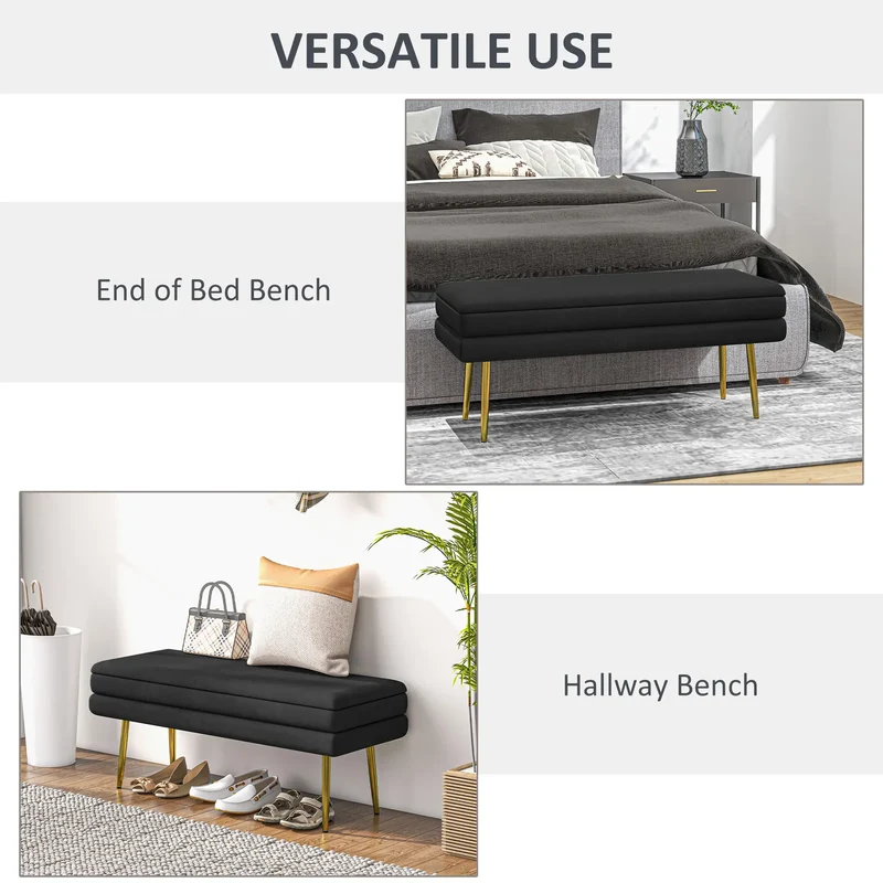 Velvet Upholstered Bench, Thick Padded Seat, Steel Legs, Black