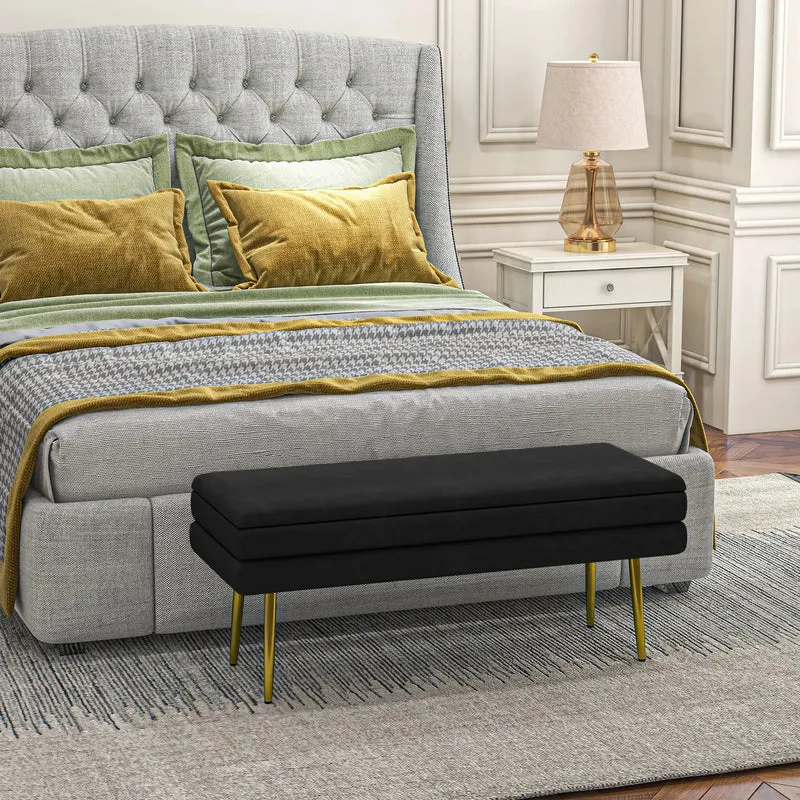 Velvet Upholstered Bench, Thick Padded Seat, Steel Legs, Black