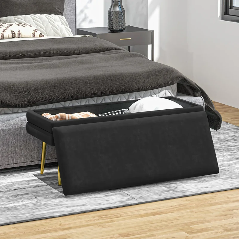 Velvet Upholstered Bench, Thick Padded Seat, Steel Legs, Black
