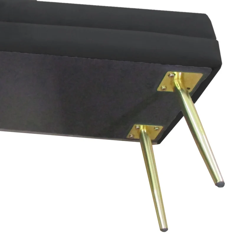Velvet Upholstered Bench, Thick Padded Seat, Steel Legs, Black