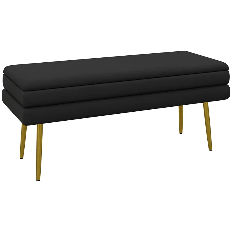 Velvet Upholstered Bench, Thick Padded Seat, Steel Legs, Black