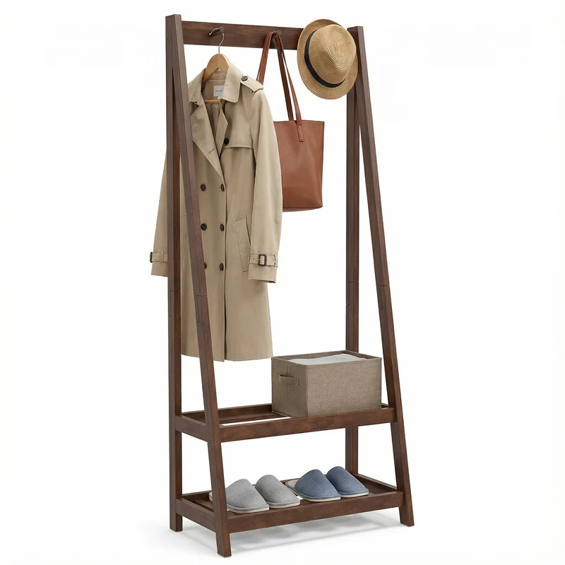 Freestanding Clothes Rack with 3 Hooks and 2 Shelves, Walnut