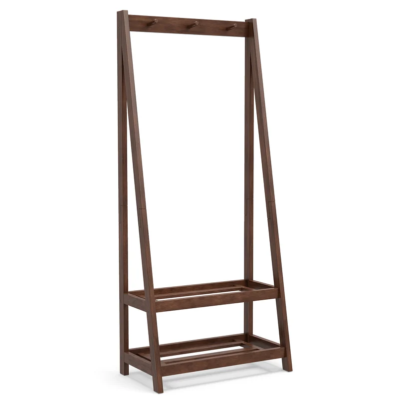 Freestanding Clothes Rack with 3 Hooks and 2 Shelves, Walnut