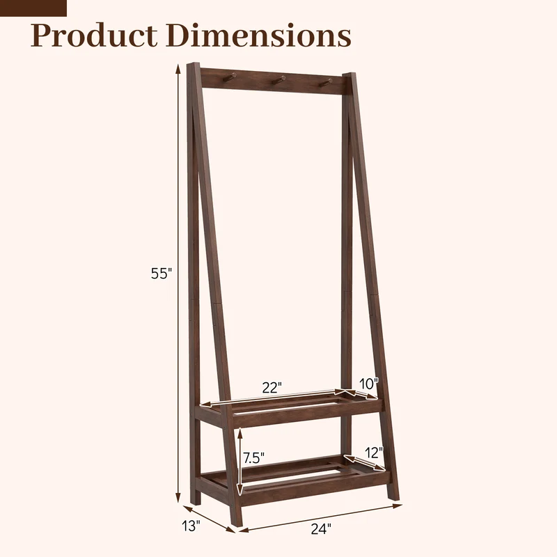 Freestanding Clothes Rack with 3 Hooks and 2 Shelves, Walnut
