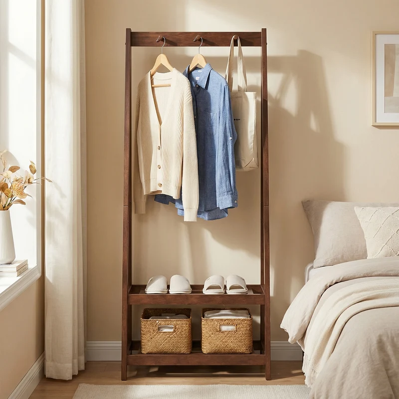 Freestanding Clothes Rack with 3 Hooks and 2 Shelves, Walnut