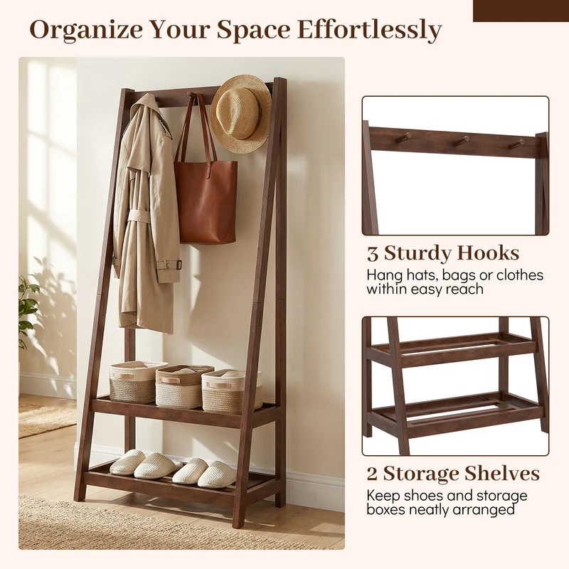 Freestanding Clothes Rack with 3 Hooks and 2 Shelves, Walnut