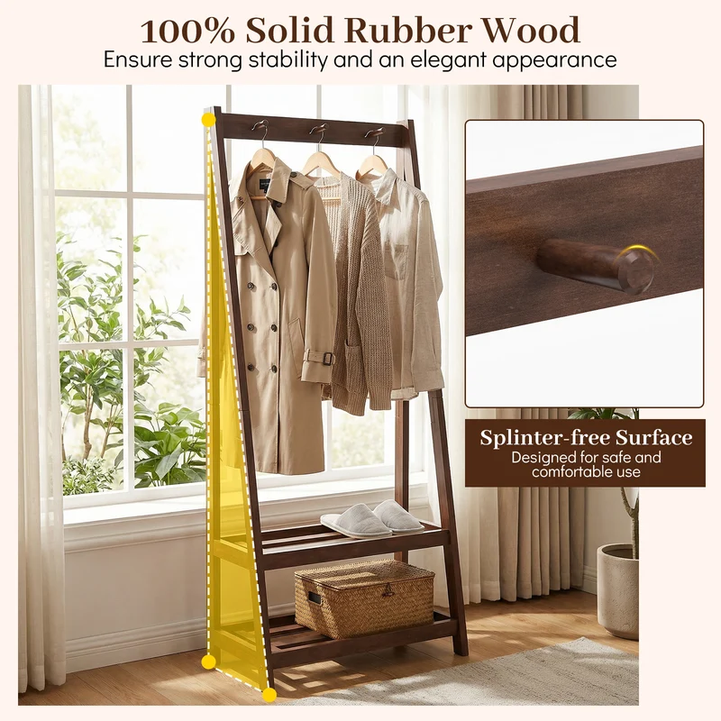 Freestanding Clothes Rack with 3 Hooks and 2 Shelves, Walnut