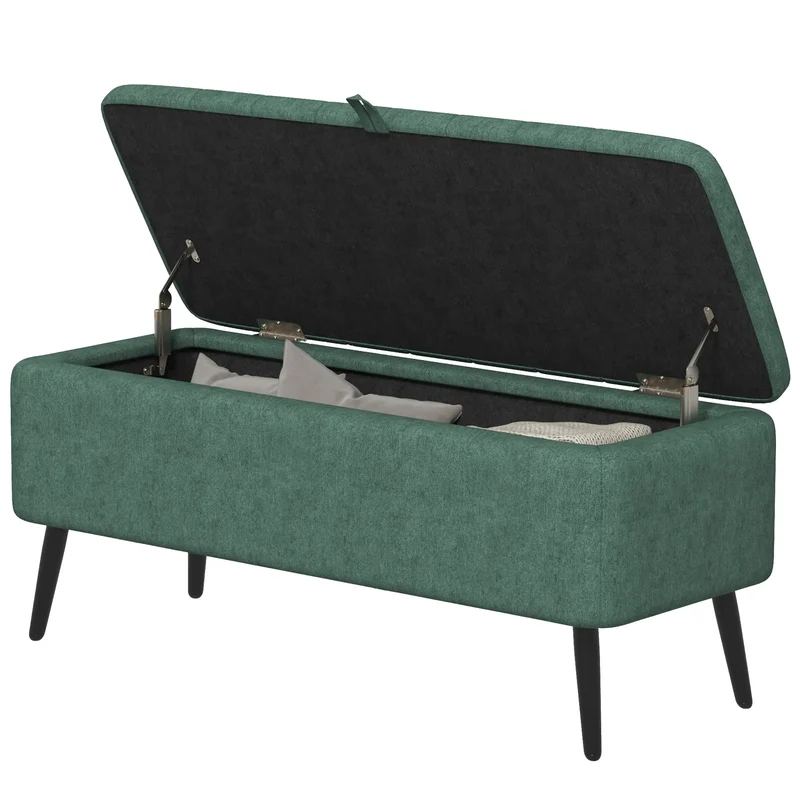 40" Ottoman with Storage, Linen Upholstered Bench, Dark Green