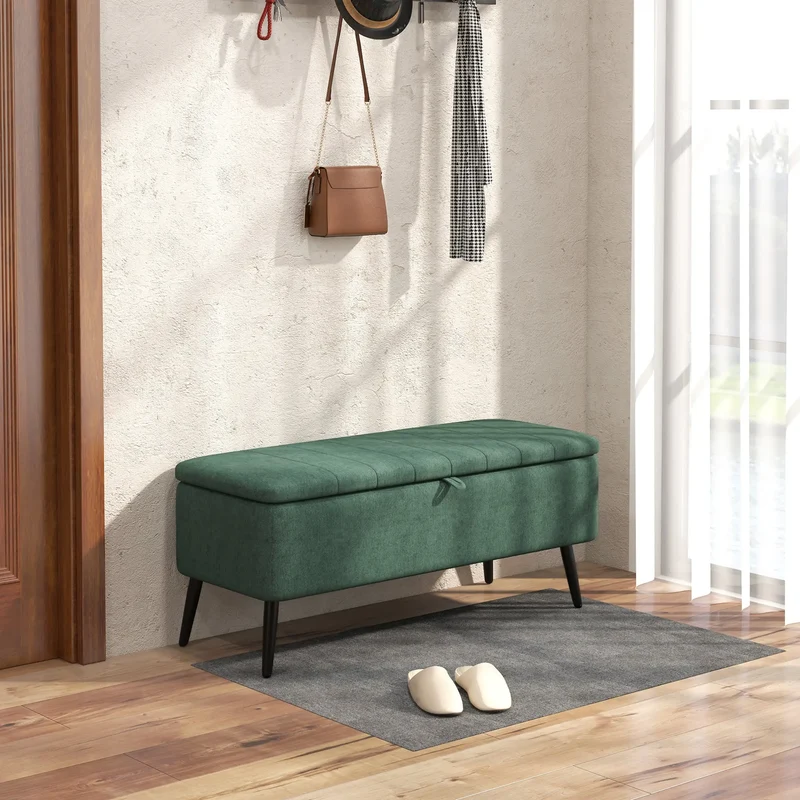 40" Ottoman with Storage, Linen Upholstered Bench, Dark Green