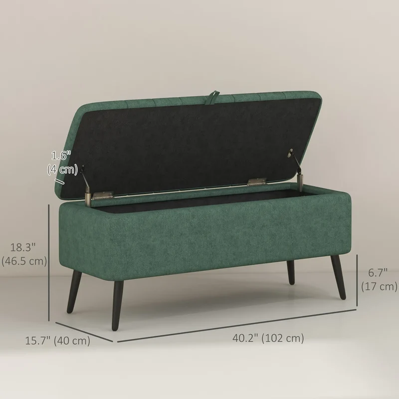 40" Ottoman with Storage, Linen Upholstered Bench, Dark Green