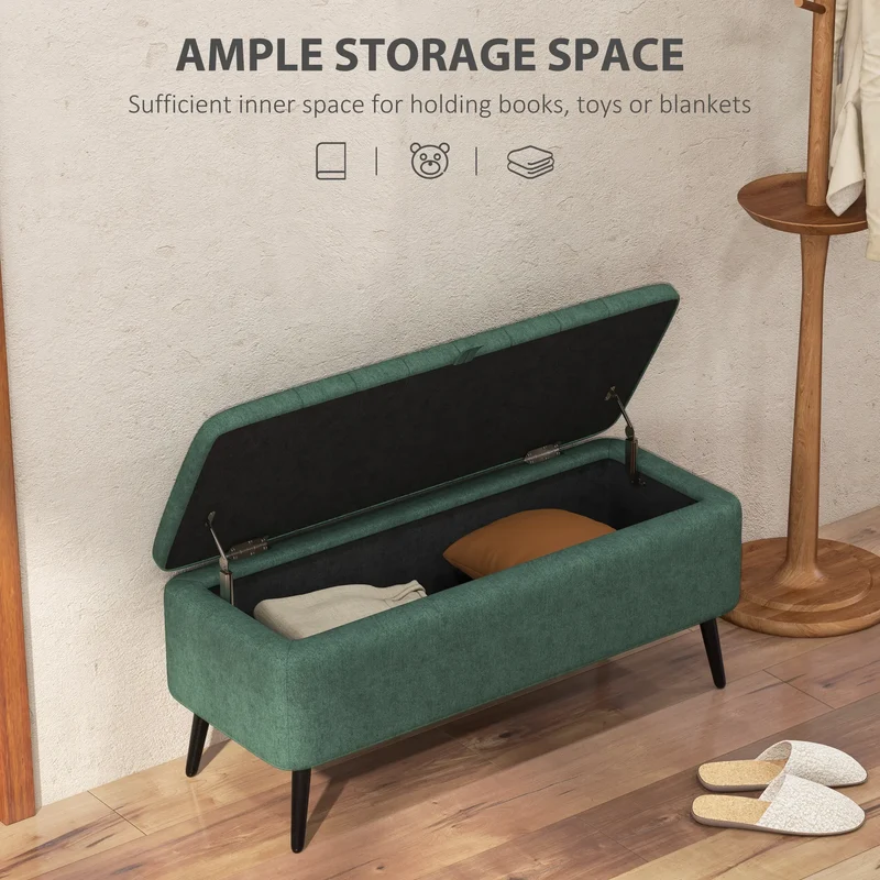 40" Ottoman with Storage, Linen Upholstered Bench, Dark Green