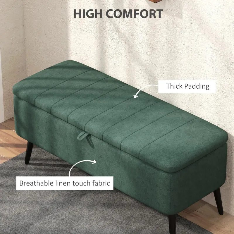 40" Ottoman with Storage, Linen Upholstered Bench, Dark Green
