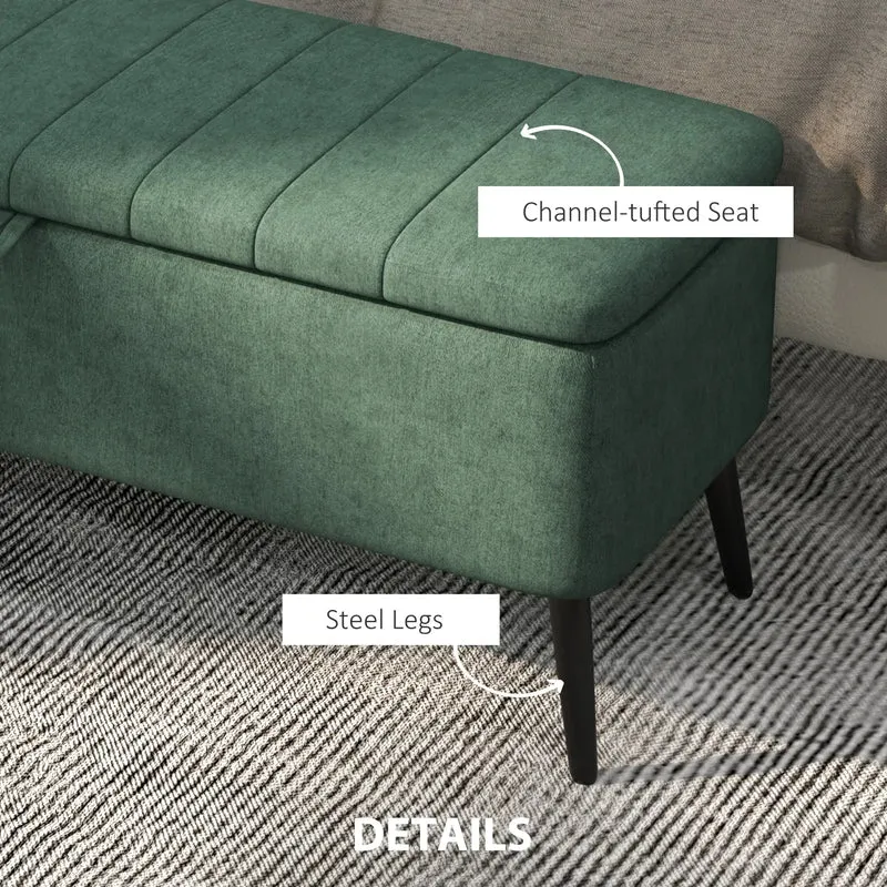 40" Ottoman with Storage, Linen Upholstered Bench, Dark Green