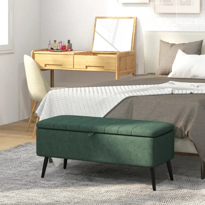 40" Ottoman with Storage, Linen Upholstered Bench, Dark Green