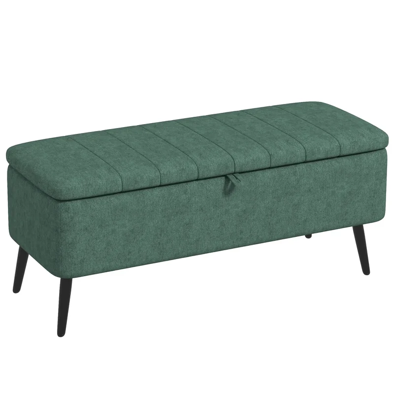 40" Ottoman with Storage, Linen Upholstered Bench, Dark Green