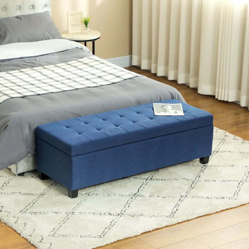 Rectangular Entry Bench, Tufted Upholstered Linen, Wood Feet, Blue