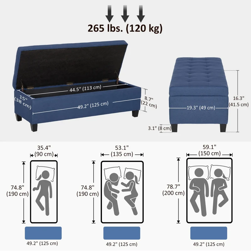 Rectangular Entry Bench, Tufted Upholstered Linen, Wood Feet, Blue