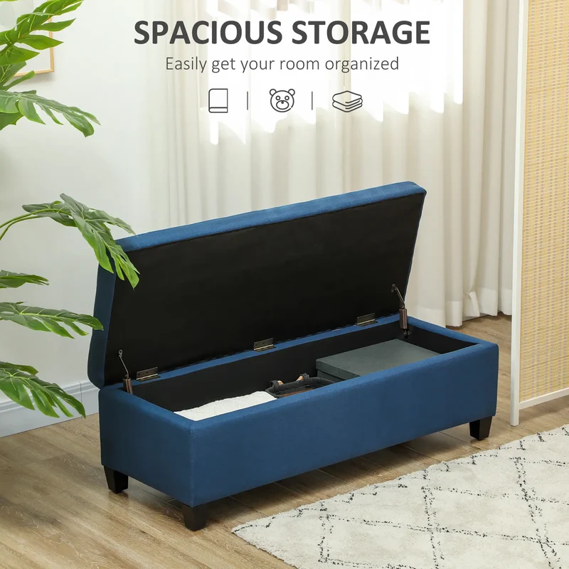 Rectangular Entry Bench, Tufted Upholstered Linen, Wood Feet, Blue
