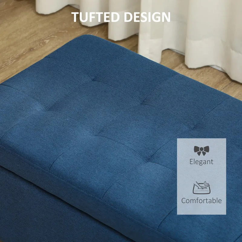 Rectangular Entry Bench, Tufted Upholstered Linen, Wood Feet, Blue