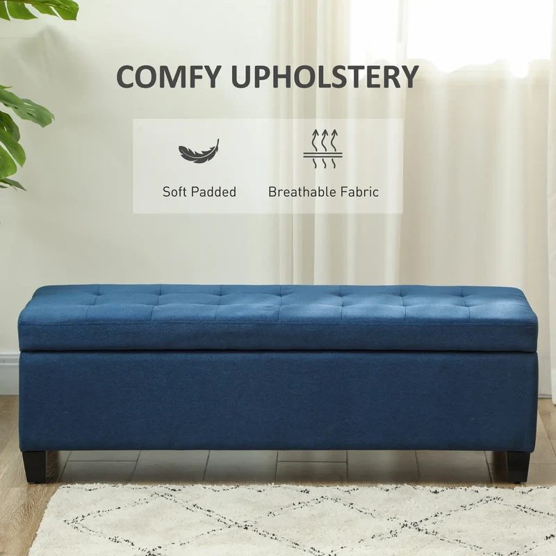Rectangular Entry Bench, Tufted Upholstered Linen, Wood Feet, Blue