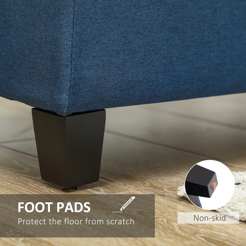 Rectangular Entry Bench, Tufted Upholstered Linen, Wood Feet, Blue