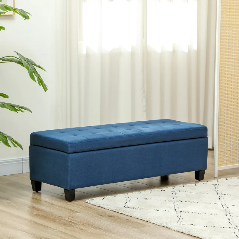 Rectangular Entry Bench, Tufted Upholstered Linen, Wood Feet, Blue