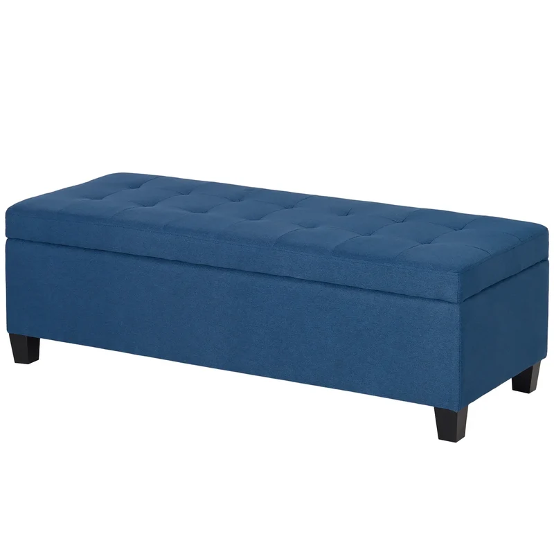 Rectangular Entry Bench, Tufted Upholstered Linen, Wood Feet, Blue