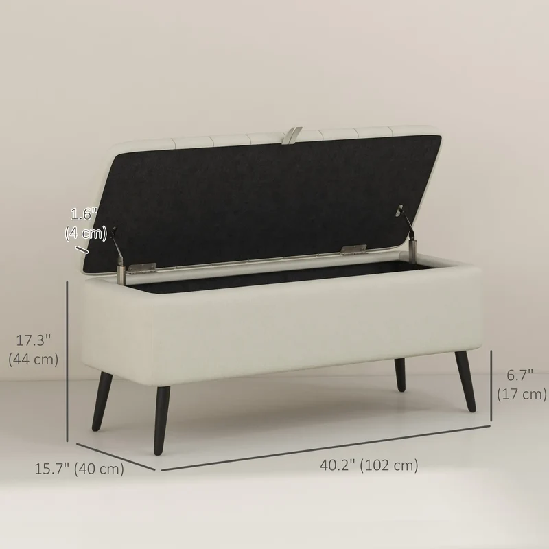 40" Ottoman with Storage, Linen Upholstered, Cream White