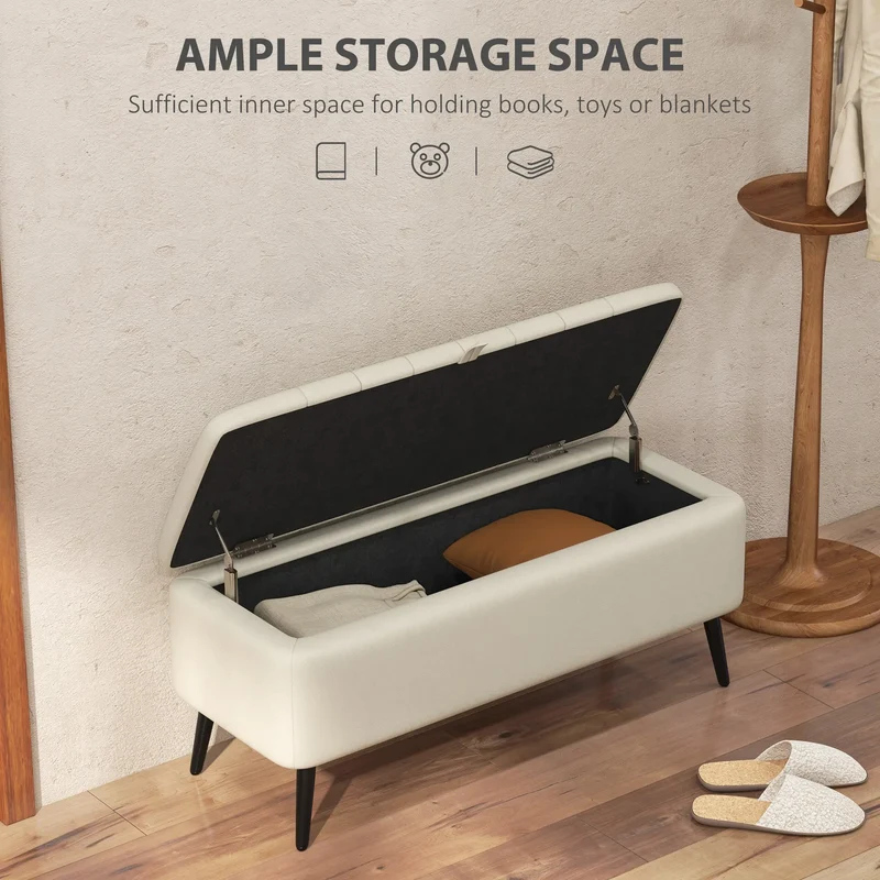 40" Ottoman with Storage, Linen Upholstered, Cream White