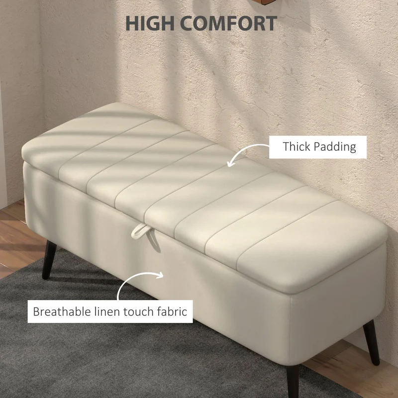 40" Ottoman with Storage, Linen Upholstered, Cream White