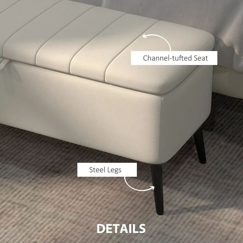 40" Ottoman with Storage, Linen Upholstered, Cream White