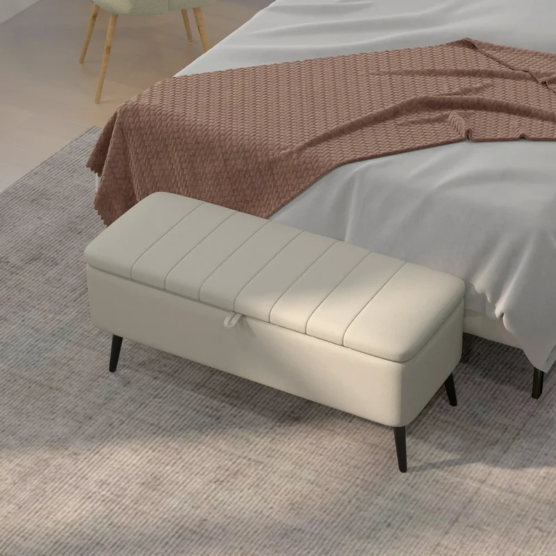 40" Ottoman with Storage, Linen Upholstered, Cream White