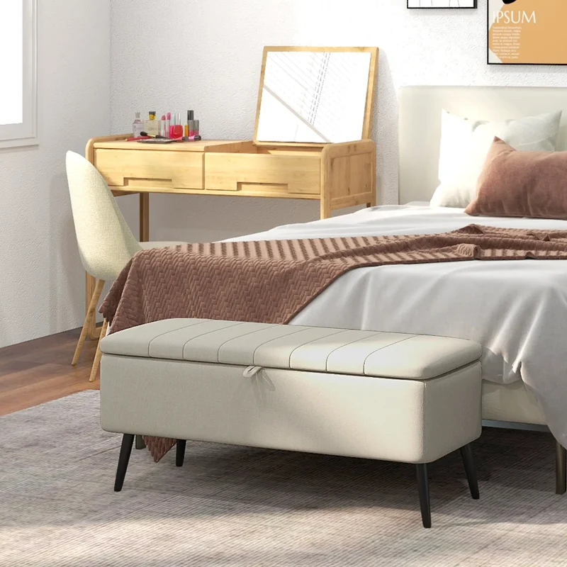 40" Ottoman with Storage, Linen Upholstered, Cream White