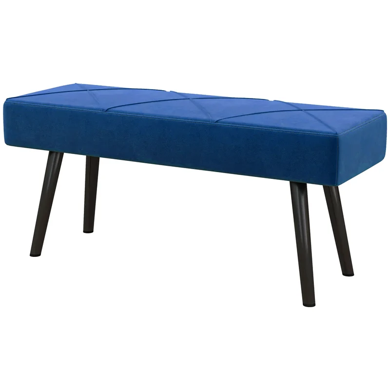 39 Inches Upholstered Bed Bench, Modern Steel Legs, Dark Blue