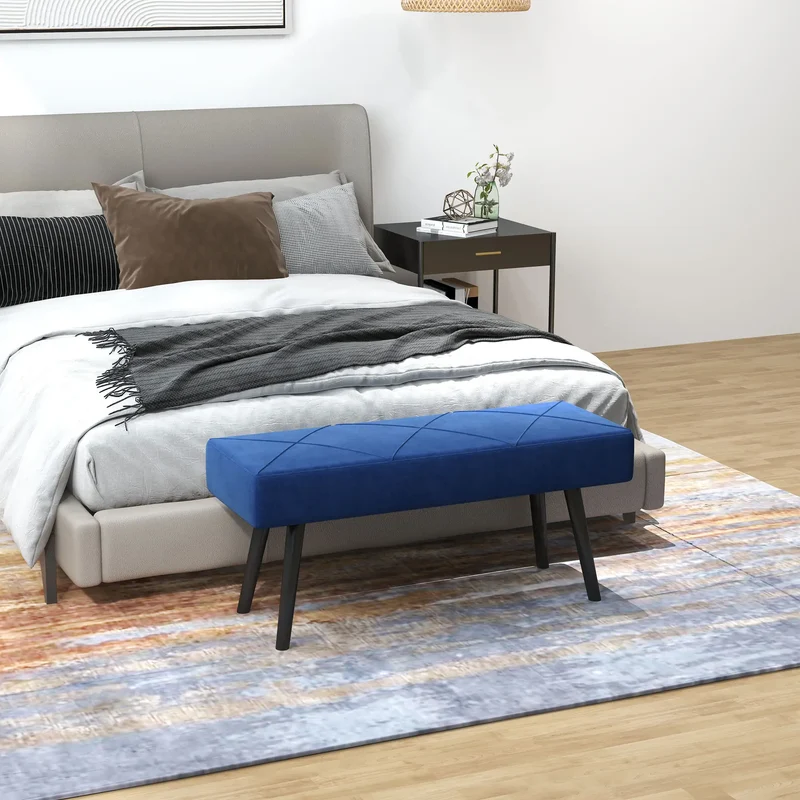 39 Inches Upholstered Bed Bench, Modern Steel Legs, Dark Blue