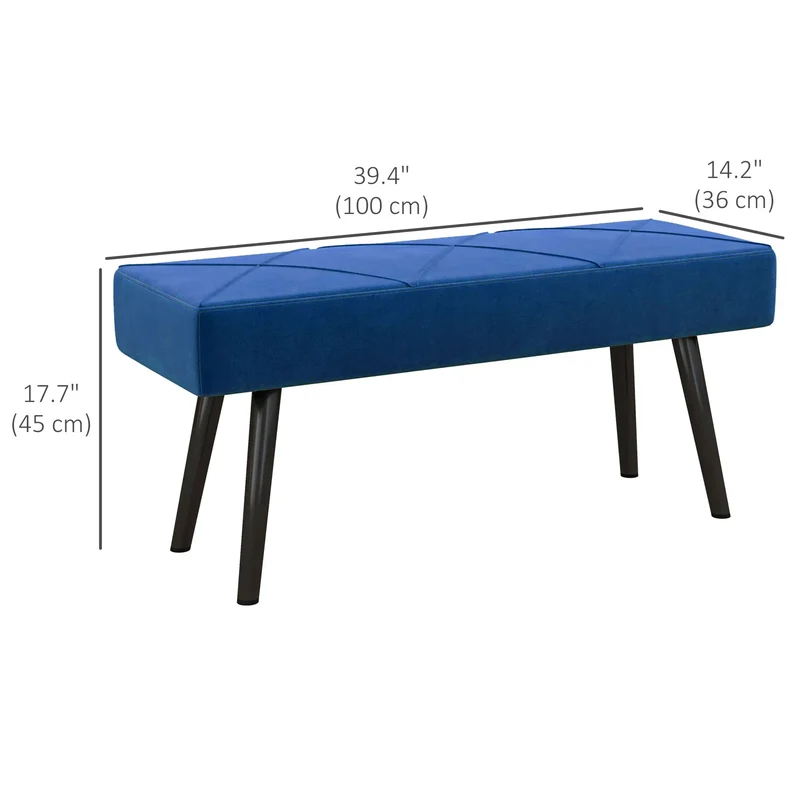 39 Inches Upholstered Bed Bench, Modern Steel Legs, Dark Blue
