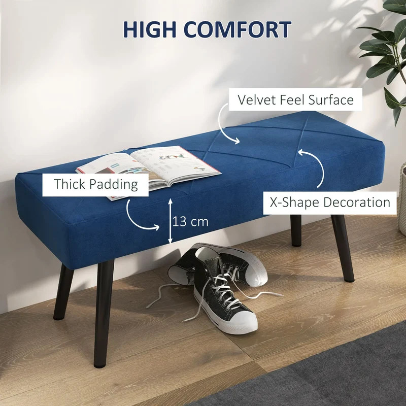 39 Inches Upholstered Bed Bench, Modern Steel Legs, Dark Blue