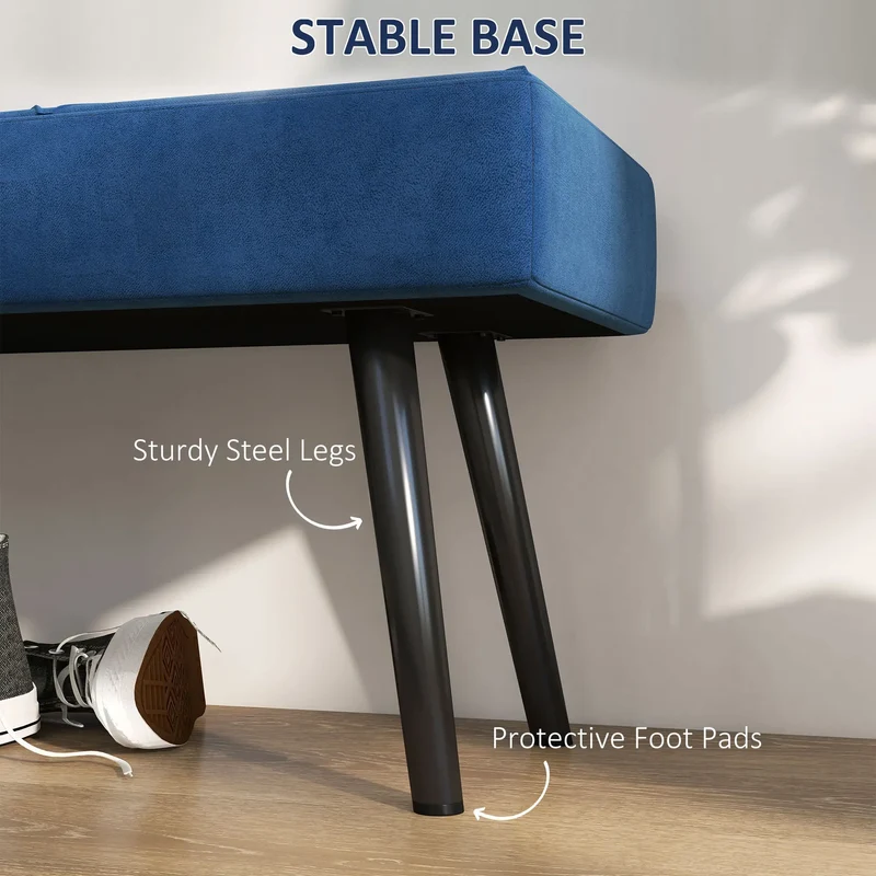39 Inches Upholstered Bed Bench, Modern Steel Legs, Dark Blue