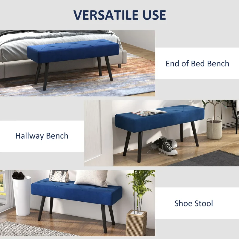 39 Inches Upholstered Bed Bench, Modern Steel Legs, Dark Blue