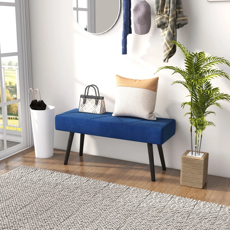 39 Inches Upholstered Bed Bench, Modern Steel Legs, Dark Blue