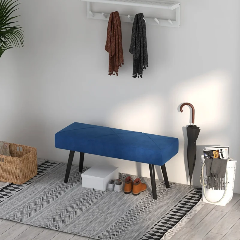 39 Inches Upholstered Bed Bench, Modern Steel Legs, Dark Blue