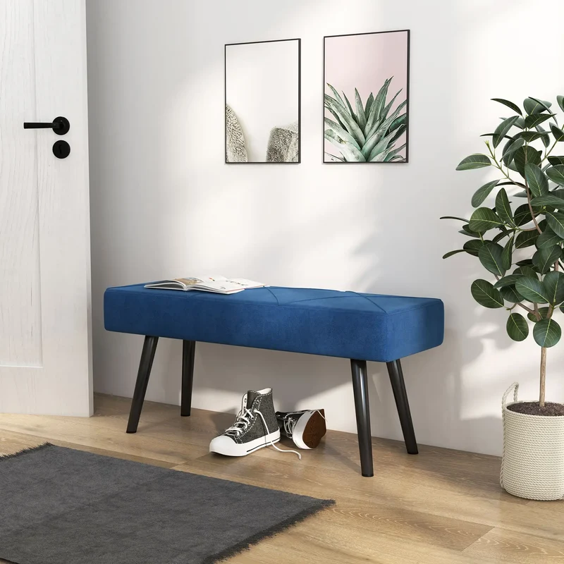 39 Inches Upholstered Bed Bench, Modern Steel Legs, Dark Blue