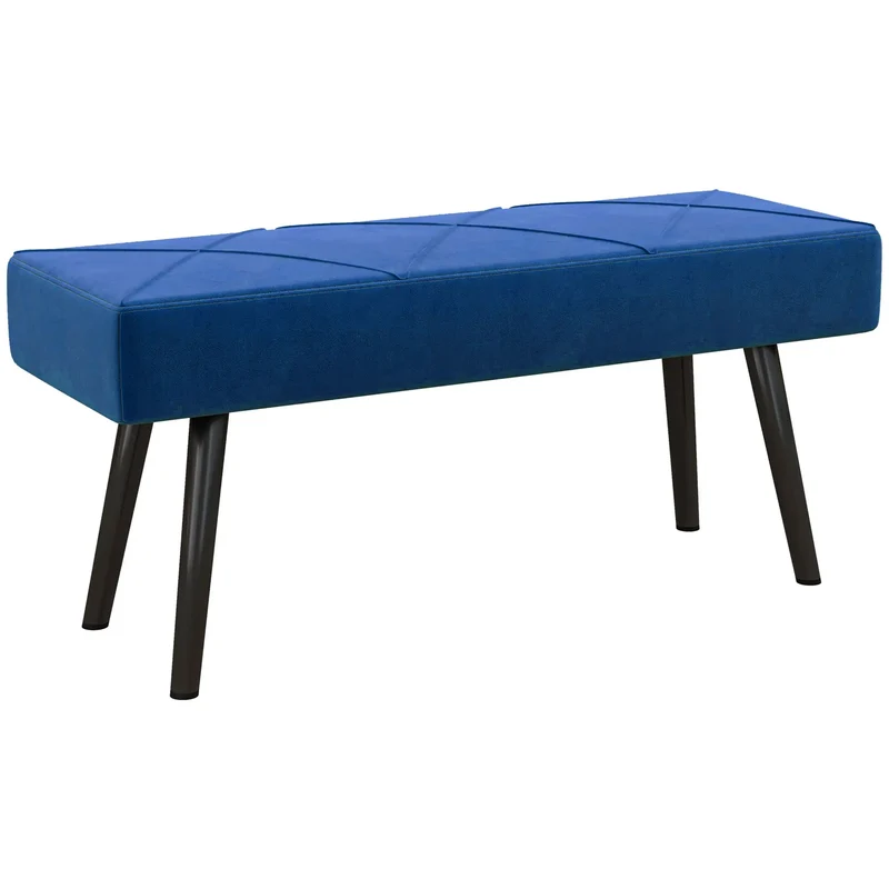 39 Inches Upholstered Bed Bench, Modern Steel Legs, Dark Blue