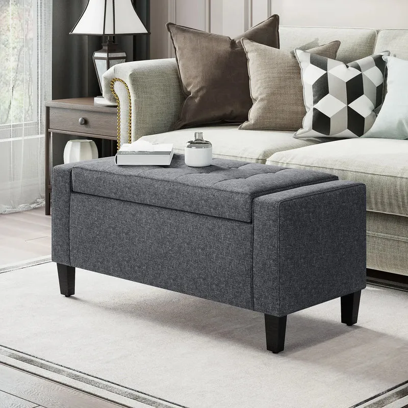 Storage Ottoman Bench, Linen Upholstered, Tufted Design