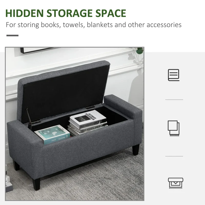 Storage Ottoman Bench, Linen Upholstered, Tufted Design