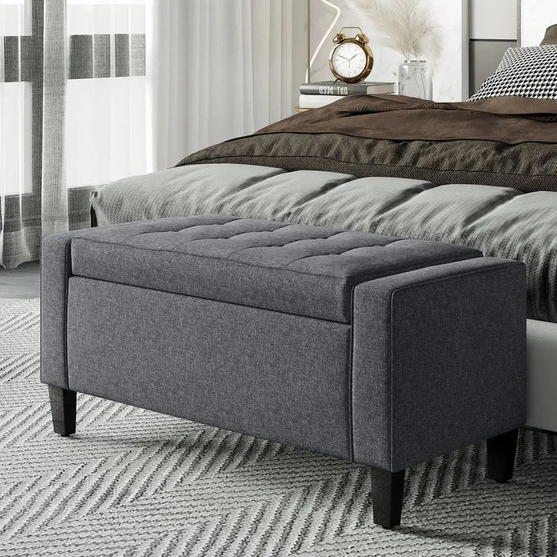 Storage Ottoman Bench, Linen Upholstered, Tufted Design