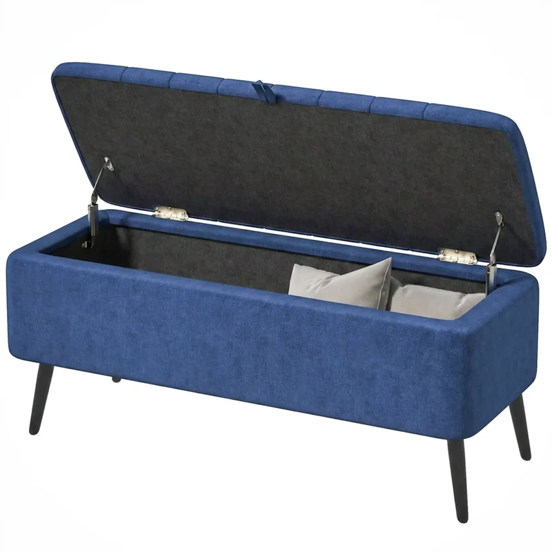 40" Ottoman with Storage, Linen Upholstered Bench, Dark Blue