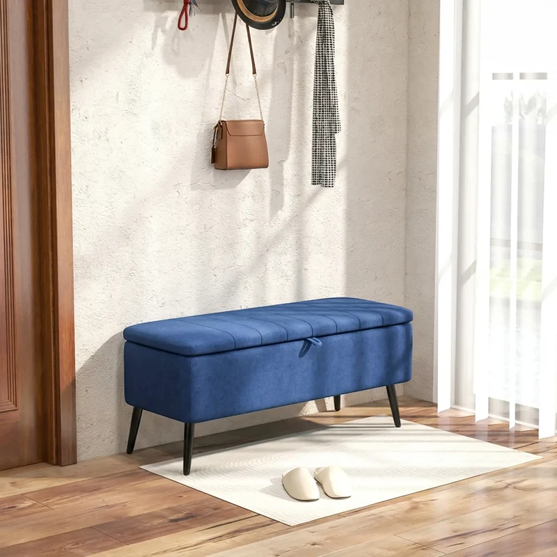 40" Ottoman with Storage, Linen Upholstered Bench, Dark Blue