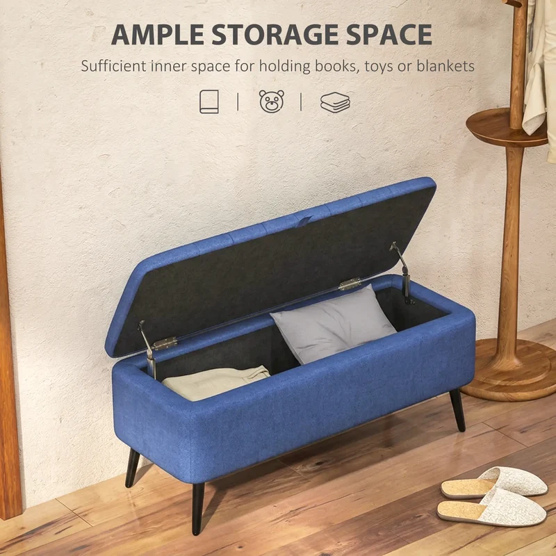 40" Ottoman with Storage, Linen Upholstered Bench, Dark Blue